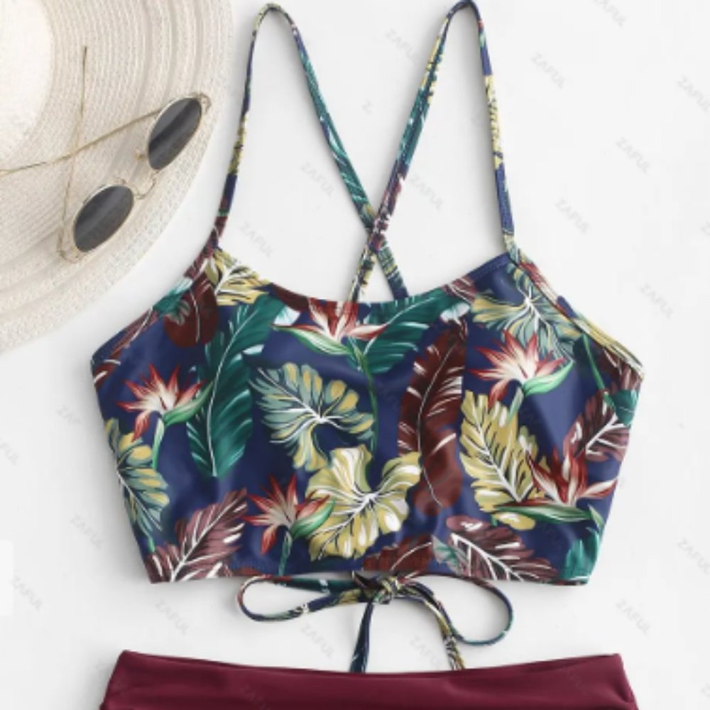 ZAFUL Leaf Print Crisscross Ruched Tankini Swimsuit - Plum Pie Xl